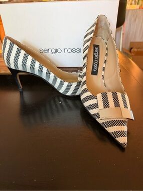 Sergio Rossi Black & White Checked Pointed Toe Flats with Metallic Accent